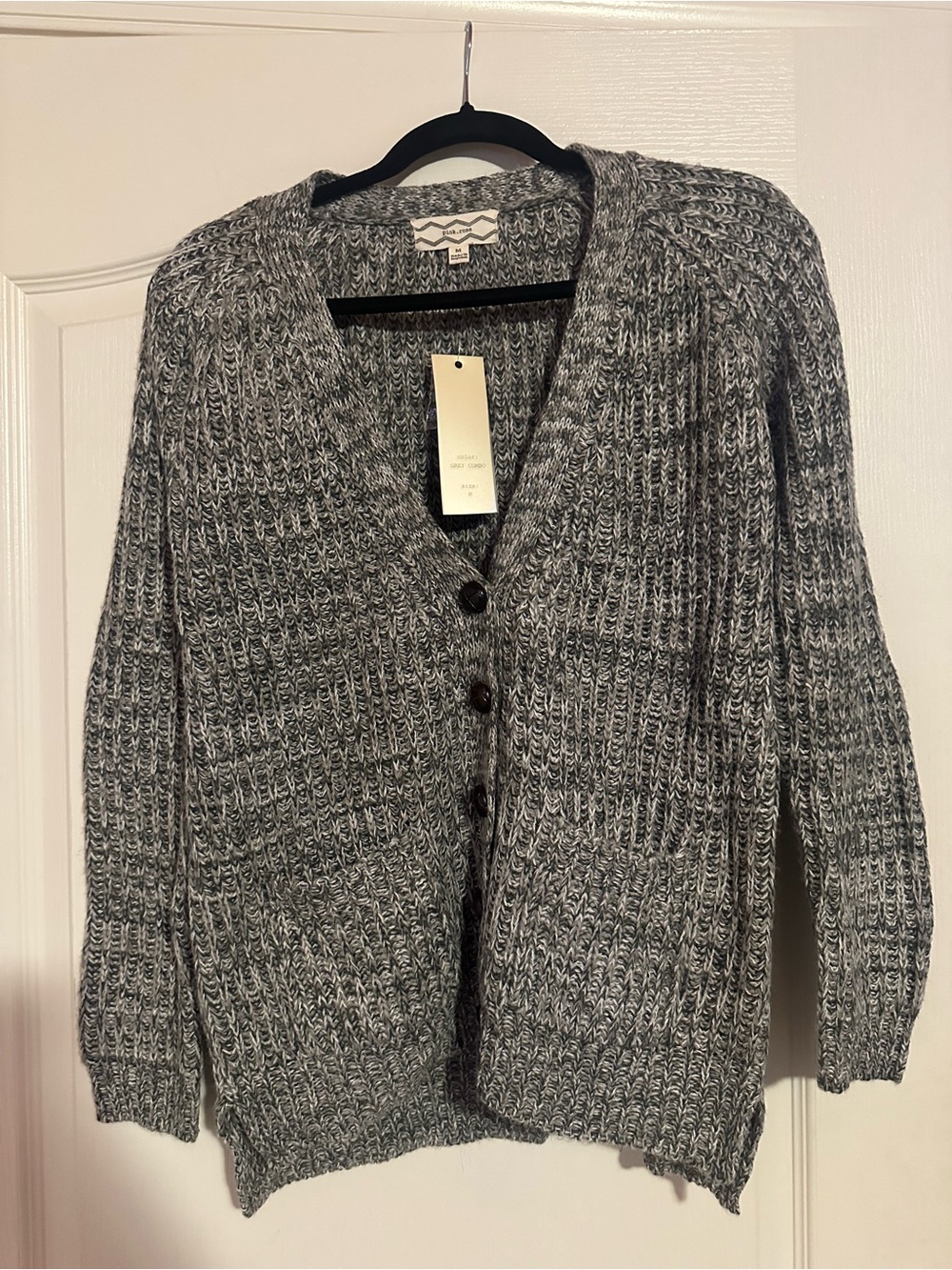 Pink Rose Chunky Knit Cardigan Sweater Elbow Patch Grey Marled M NWT Cozy Fall